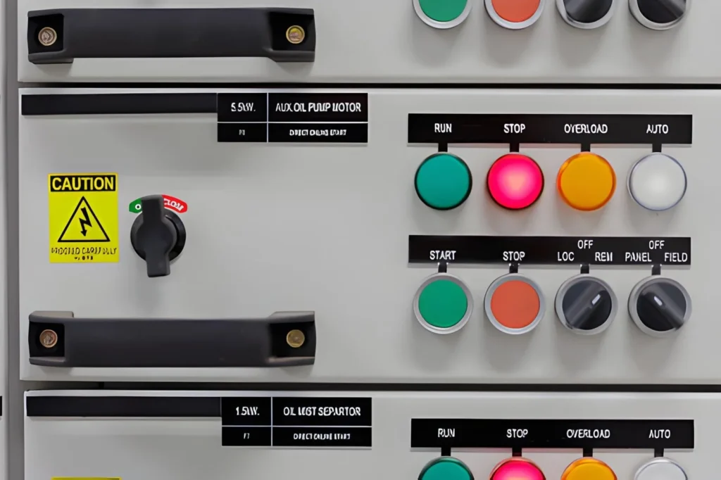 A clear view of an industrial control panel featuring push buttons, indicator lights (RUN, STOP, OVERLOAD), and a selector switches