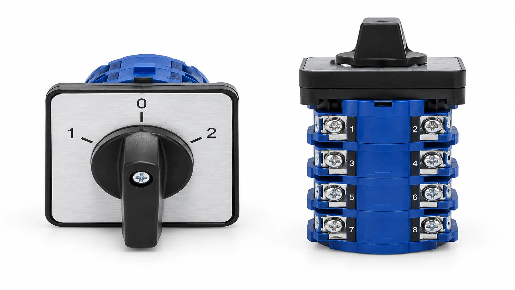 LW26 rotary cam switch shown from the front 1-0-2 operating side and the rear terminal side