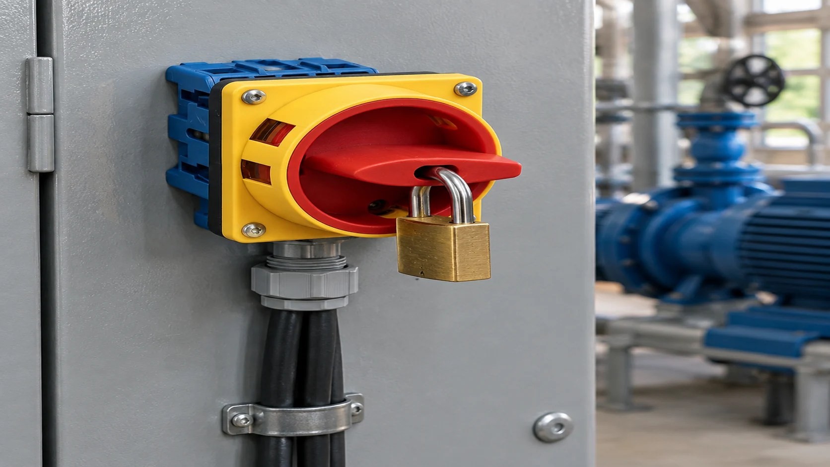 LW30 rotary isolator switch locked OFF with a padlock on an enclosure door in a pump station