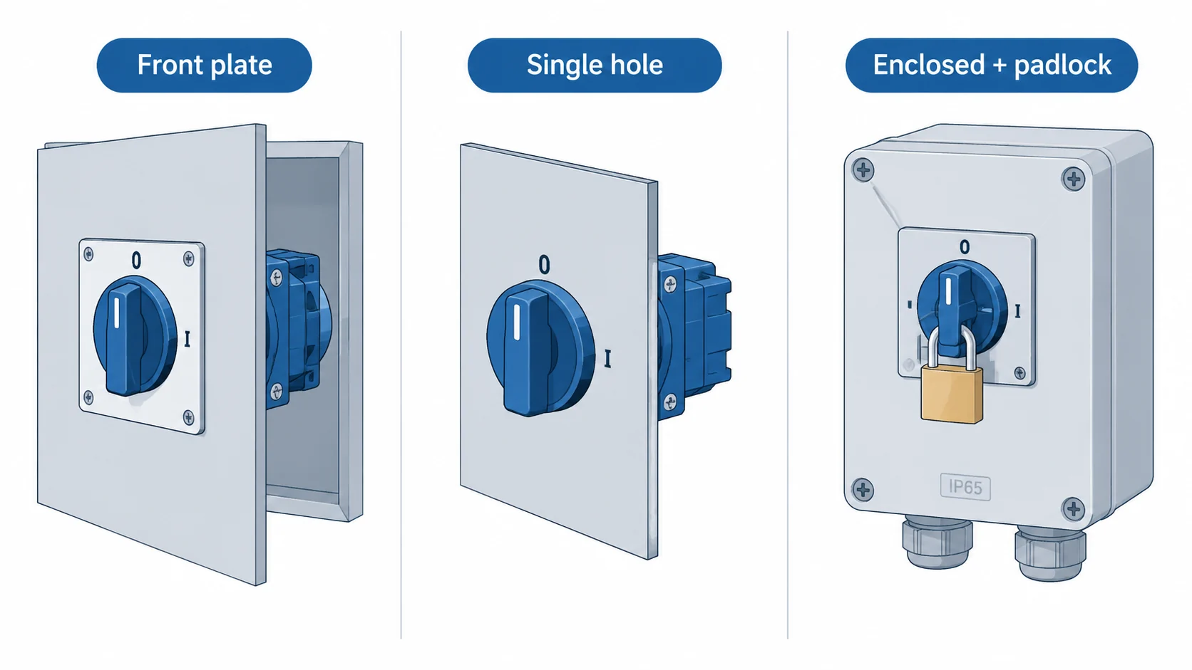 LW30 mounting options: front plate, single hole and enclosed box with padlock