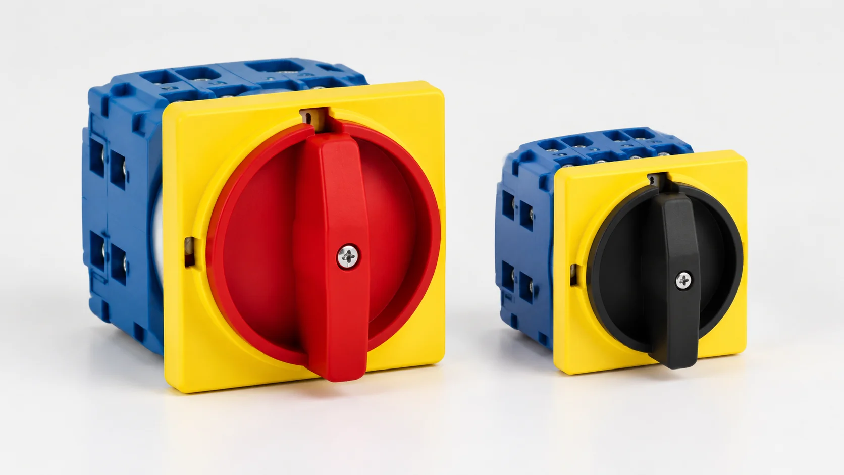 LW30 series rotary isolator switch with yellow escutcheon plate and red knob