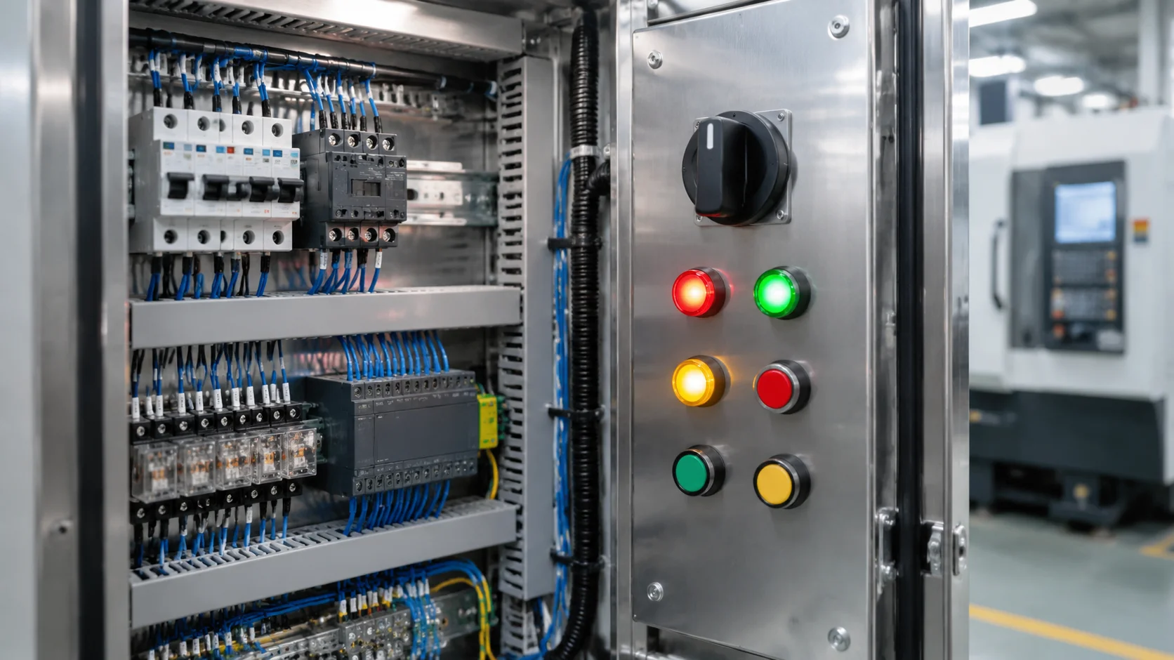 Pump control panel with rotary isolator switch and pilot lamps