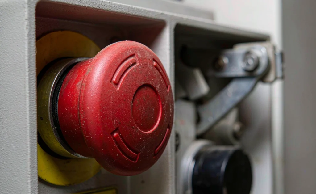 Red mushroom head emergency stop push button with yellow warning ring on a machine panel